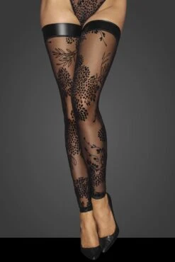 Noir Handmade Flocked Embroidery And Tulle Banded Stockings