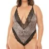 Plus Size Leopard Satin Deep V-Plunge Eyelash Teddy