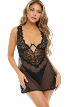 Underwire A-Line Mesh And Lace Babydoll With Matching G-String