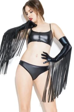 Coquette Wetlook Long Gloves With Fringe Detail